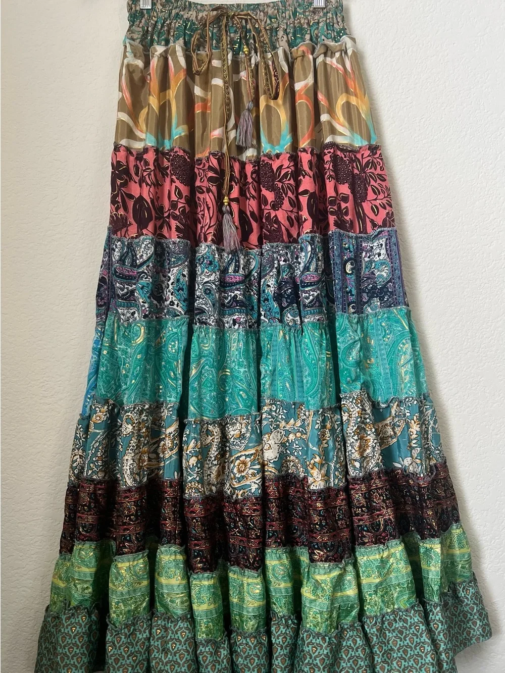Multi-Color Silk Blend Floral Patchwork Tiered Ruffle Skirt Free Size Gypsy Boho
